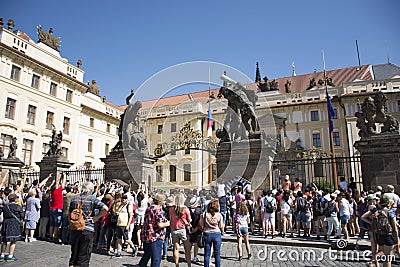 Czechia people and foreigner travelers waiting visit and looking Changing The Guard at gate front of Prague castle Editorial Stock Photo