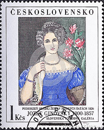 CZECHOSLOVAKIA - CIRCA 1985: a stamp printed in the Czechoslovakia shows Young Woman in a Blue basgown,by Jozef Ginovsky Editorial Stock Photo