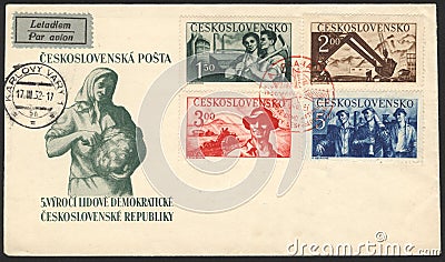 Czechoslovakia First Day Cover and Envelope, Stamp. Editorial Stock Photo
