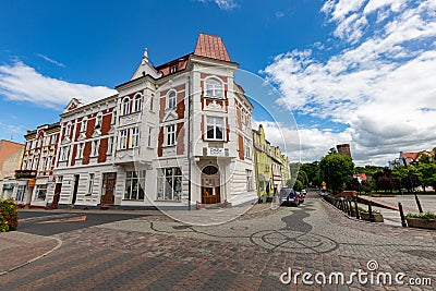 Czluchow, pomorskie / Poland-July, 12, 2020: Old tenements in a small town. Renovated buildings in Central Europe Editorial Stock Photo