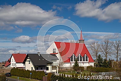 Czluchow, pomorskie / Polska - March, 31, 2019: Church in a small town, Catholic temple in Central Europe Editorial Stock Photo