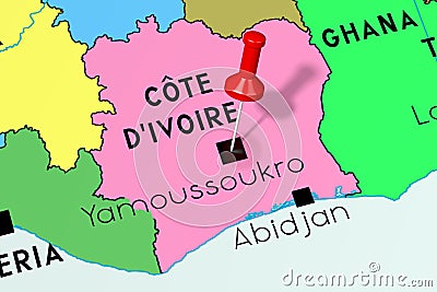 CÃ´te d`Ivoire, Yamoussoukro - capital city, pinned on political map Cartoon Illustration