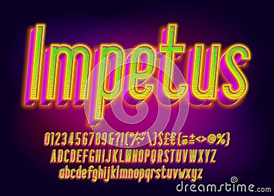 Impetus alphabet font. 3D effect glowing letters, numbers and punctuations. Vector Illustration