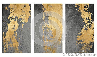 3d abstract canvas wall art. golden grunge shapes in metal gray background Stock Photo