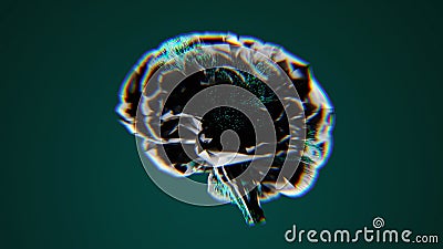 3D abstract digital brain with glitch effect and particle details on green background, symbolizing advanced artificial Stock Photo