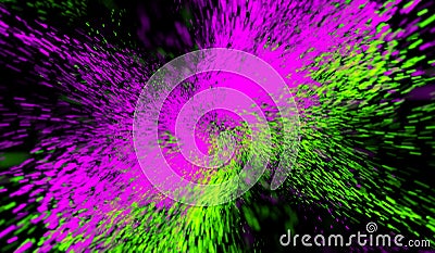 3D abstract digital technology particles fragmentation and mixing of pink-green on black background Stock Photo