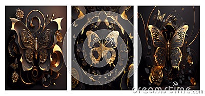 3d abstract geometric black and gold roses with a big detailed butterfly. wall home decoration Stock Photo