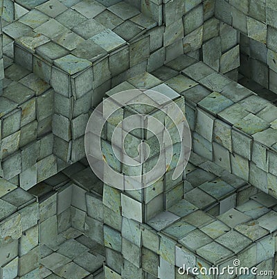 3d abstract grunge mosaic tile cube backdrop in blue green Stock Photo