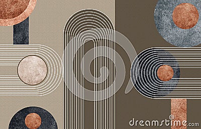 3d abstract mural wallpaper. white lines and marble and wooden shapes in noisy beige and brown background Stock Photo