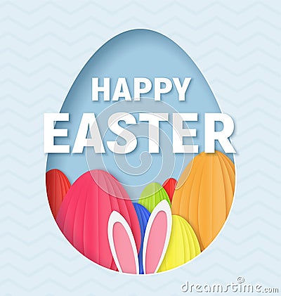 3d abstract paper cut illustration of colorful paper art easter rabbit, grass, flowers and egg hunt. Vector Illustration