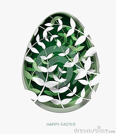 3d abstract paper cut illustration of colorful paper art easter grass, flowers and green egg shape. Vector Illustration