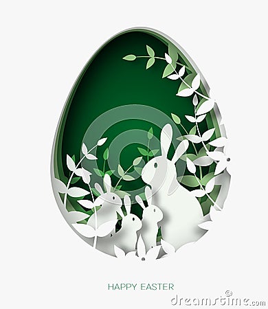 3d abstract paper cut illustration of colorful paper art easter rabbit family, grass, flowers and green egg shape. Vector Illustration