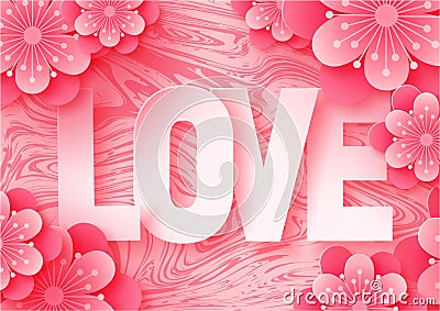 3d abstract paper cut illustration of love letters and paper art pink flowers on marble background. Vector Illustration