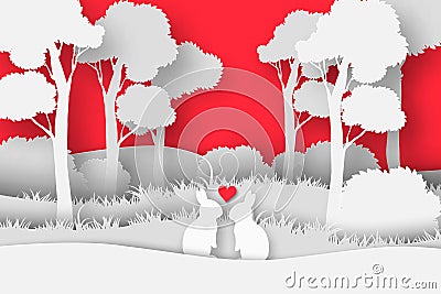 3d abstract paper cut illustration of rectangle shape with rabbit couple in the forest. Vector colorful greeting card Vector Illustration