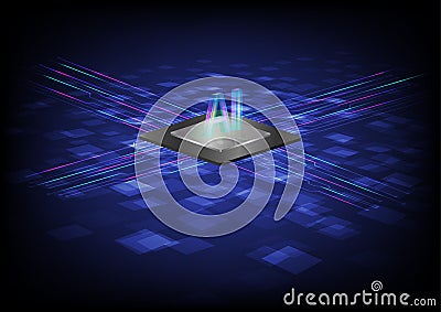 3D Abstract perspective technology brain microchip artificial intelligence AI machine learning font glows circuit lines Vector Illustration