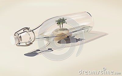 3D abstract picture of glass bottle with little island Stock Photo