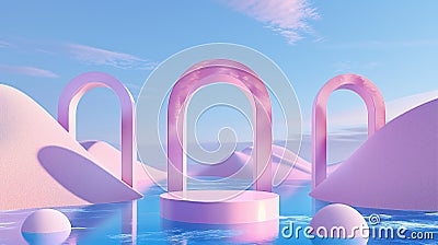 3d abstract surreal pastel landscape background with arches and podium for showing product. Panoramic view. 3d render Stock Photo