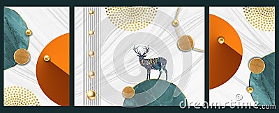 3d abstract wall frame decor. golden lines, circles, deer and shpere in white marble in background Cartoon Illustration