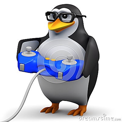 3d Academic penguin plays a videogame Stock Photo