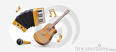 3D accordion, guitar, microphone, notes. Color music concept Vector Illustration