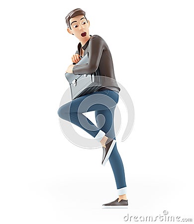 3d afraid cartoon man holding briefcase Cartoon Illustration