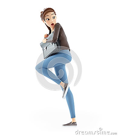 3d afraid cartoon woman holding briefcase Cartoon Illustration