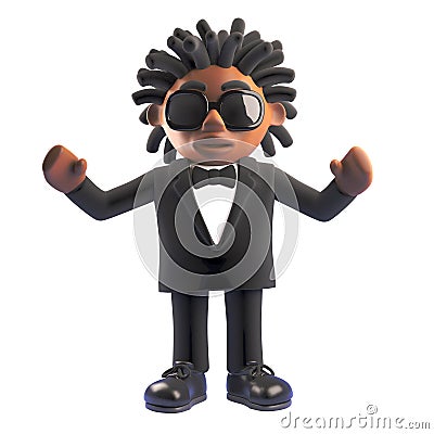 3d African American singer entertainer in tuxedo with arms in the air Cartoon Illustration
