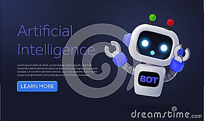 3d AI or robot service banner template with CTA button. Smart and cute robot with head and body, greeting pose, isolated Vector Illustration