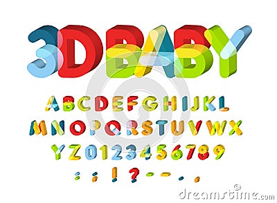 3D Alphabet for Baby Zone decoration. Kids zone vector font. Caolorful funny 3D letters with softed corners. Back to Vector Illustration