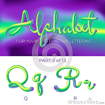 3D neon led alphabet font. Logo Q letter, R letter with rounded shapes. Matte three-dimensional letters from the tube, rope green Vector Illustration