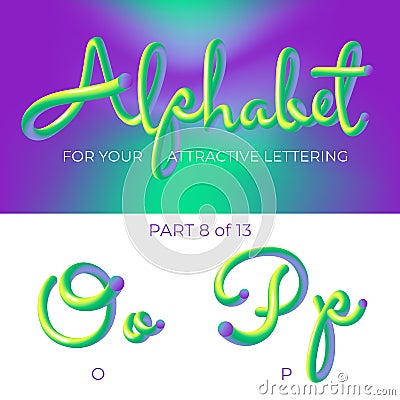 3D neon led alphabet font. Logo O letter, P letter with rounded shapes. Matte three-dimensional letters from the tube, rope green Vector Illustration