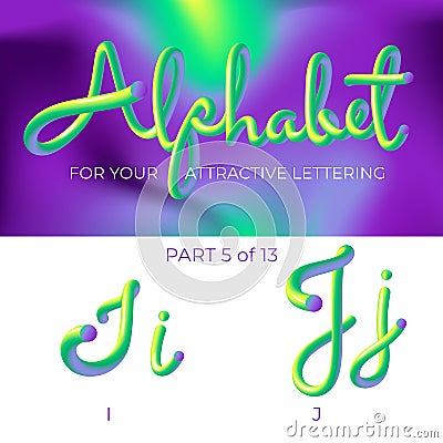3D neon led alphabet font. Logo J letter, I letter with rounded shapes. Matte three-dimensional letters from the tube, rope green Vector Illustration