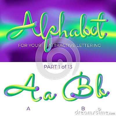 3D neon led alphabet font. Logo A letter, B letter with rounded shapes. Matte three-dimensional letters from the tube, rope green Vector Illustration