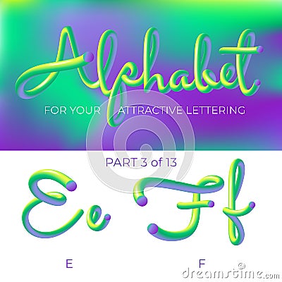 3D neon led alphabet font. Logo E letter, F letter with rounded shapes. Matte three-dimensional letters from the tube, rope green Vector Illustration