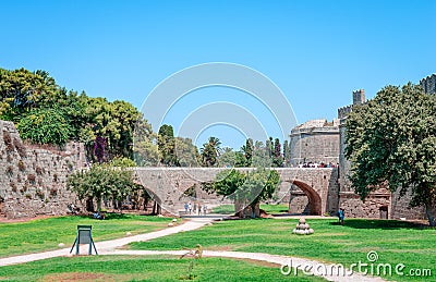 D`Amboise Gate and Medieval Moat. Rhodes, Greece. Editorial Stock Photo