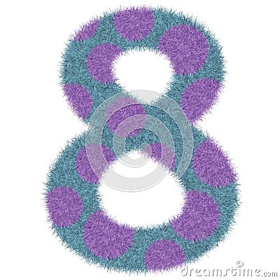 3D Animal Fur Blue color with Purple Polka dots Number 8 Eight, decorative character element isolated in white background. Stock Photo