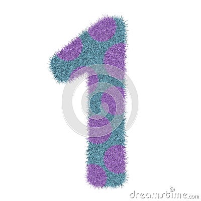 3D Animal Fur Blue color with Purple Polka dots Number 1 One, decorative character element isolated in white background. Stock Photo