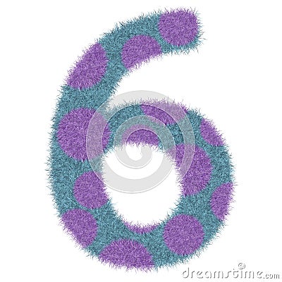 3D Animal Fur Blue color with Purple Polka dots Number 6 Six, decorative character element isolated in white background. Stock Photo