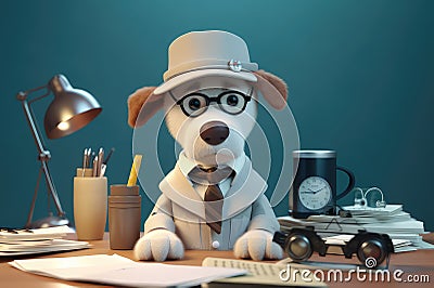 Attorney dog wearing glasses, hat and tie working at the office , Generative AI Stock Photo