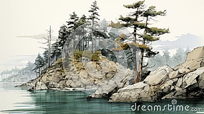 Cliff Sketch: Sublime Wilderness In Traditional Japanese Ink Wash Style Cartoon Illustration
