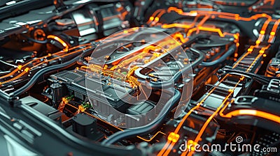 3D animation of electric automobile battery internals, , Generative Ai Stock Photo