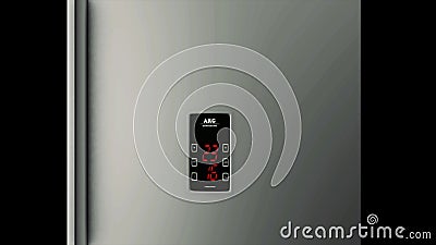3D animation of smart refrigerator touch interface with temperature indicators isolated on black background. Animation Editorial Stock Photo