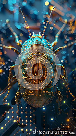 A 3D animation of a visionary bug morphed with a digital computer featuring an intricate circuit pattern Stock Photo