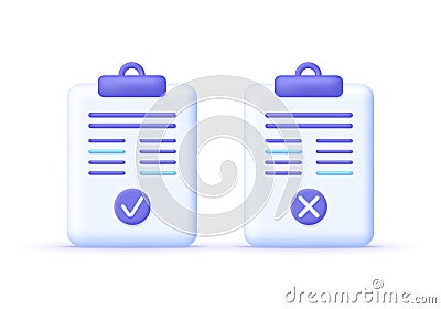 3D Approved and rejected icon isolated on white background. Document, file, checklist, assignment and exam, project plan Vector Illustration