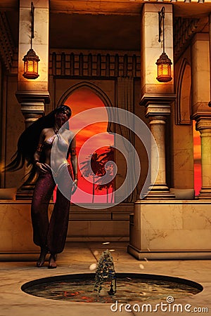 3D Arabian nights harem girl in marble palace at dusk Cartoon Illustration