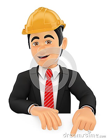 3D Architect pointing down. Blank space Cartoon Illustration