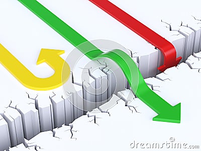 3d arrows crossing or failing to cross obstacle, success or failure concept, 3d rendering Stock Photo