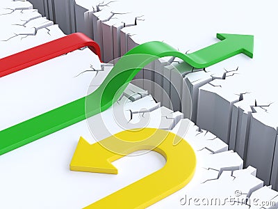 3d arrows crossing or failing to cross obstacle, success or failure concept, 3d rendering Stock Photo