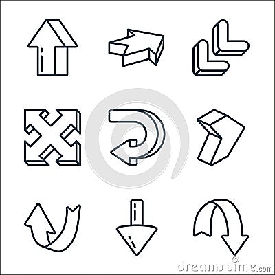 d arrows line icons. linear set. quality vector line set such as down arrow, down arrow, up arrow, right curved expand, diagonal Vector Illustration
