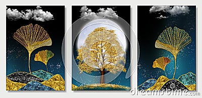 3d art mural wallpaper with dark blue background, golden christmas tree leaves, mountains, moon in the sky. For canvas use as a fr Stock Photo